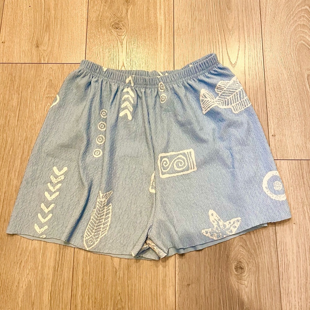 Anthropologie Light Blue High Waist Shorts with White Patterns